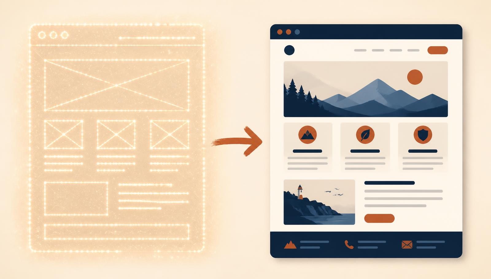 Illustration eines KI-generierten Website-Layouts, das als WordPress-Seite neu aufgebaut wird